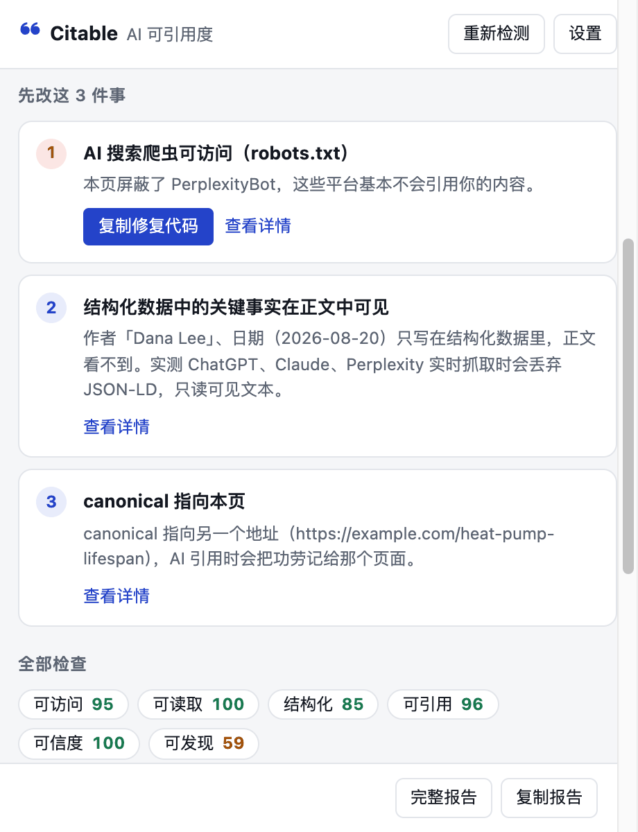 先改这 3 件事:每项带说明和复制修复代码按钮
